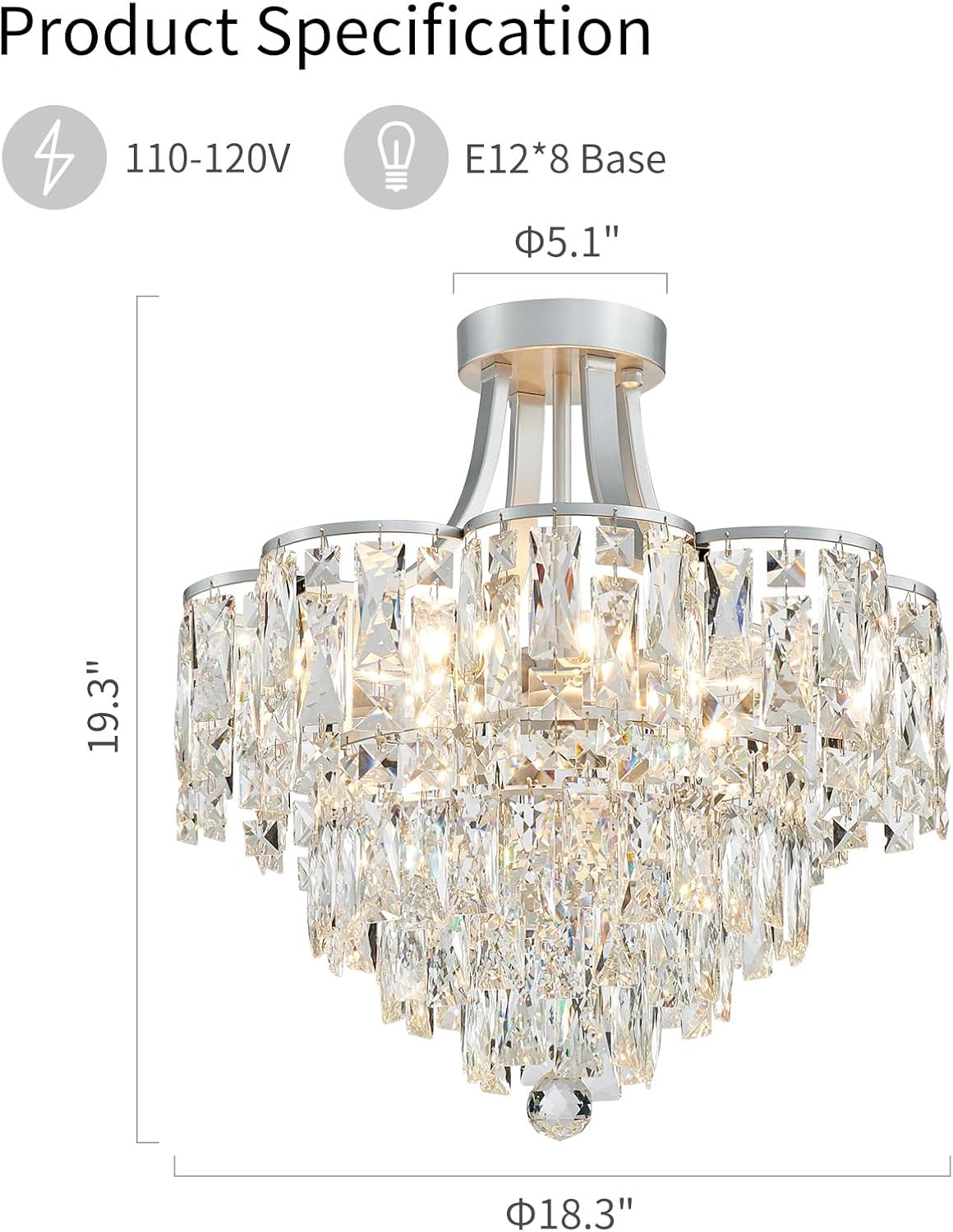 WUZUPS Crystal Chandelier Semi-Flushmount Ceiling Light Modern Lighting Fixture for Bedroom Hallway Entry Kitchen Bathroom, H 19.3' x W 18.3', E12 Base, Silver