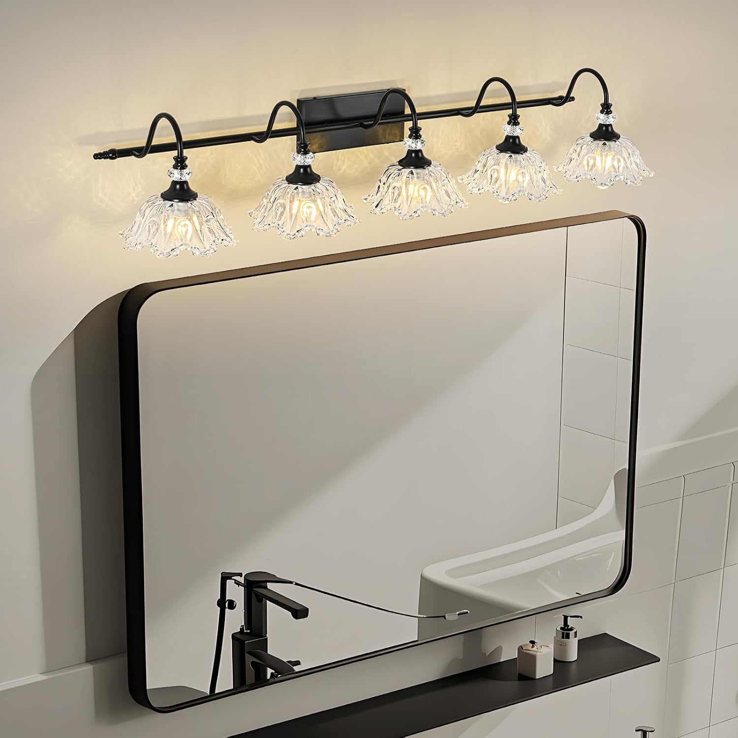 Black Bathroom Vanity Light, 5-Light Vanity Light with Crystal Glass Shades, Vintage Farmhouse Vanity Lighting for Bathroom and Dressing Table