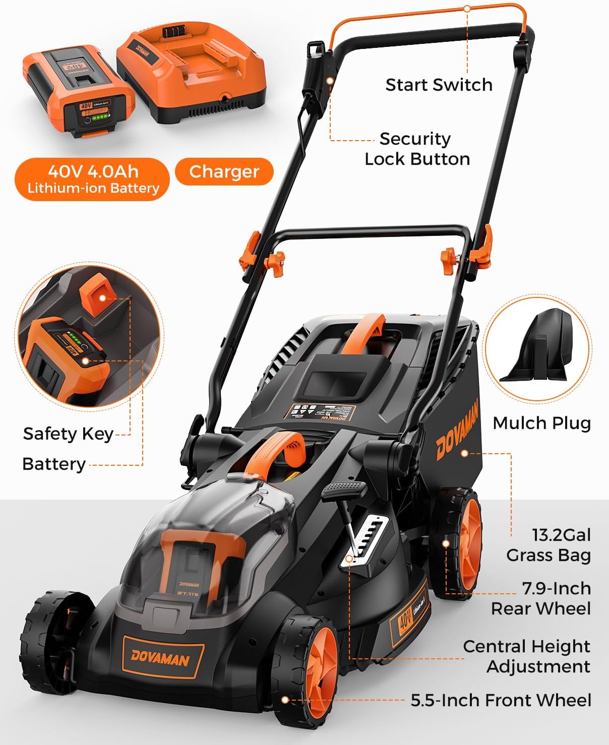 40V 19' Cordless Lawn Mower, Brushless Push Lawn Mower w/ 13.2Gal Bag, 98% Grass Collection, 3-Step Quicker Foldable, 6-Position Height Adjustment Meets Various Cutting Needs