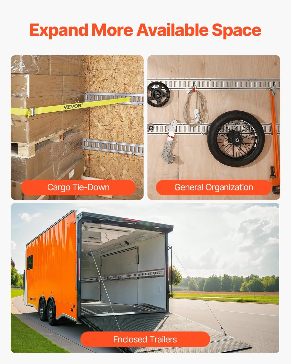 VEVOR E Track Tie-Down Rail Kit, 32PCS 5FT E-Tracks Set Includes 8 Steel Rails & 8 O Rings & 8 Tie-Offs with D-Ring & 8 End Caps, Securing Accessories for Cargo, Motorcycles, and Bikes