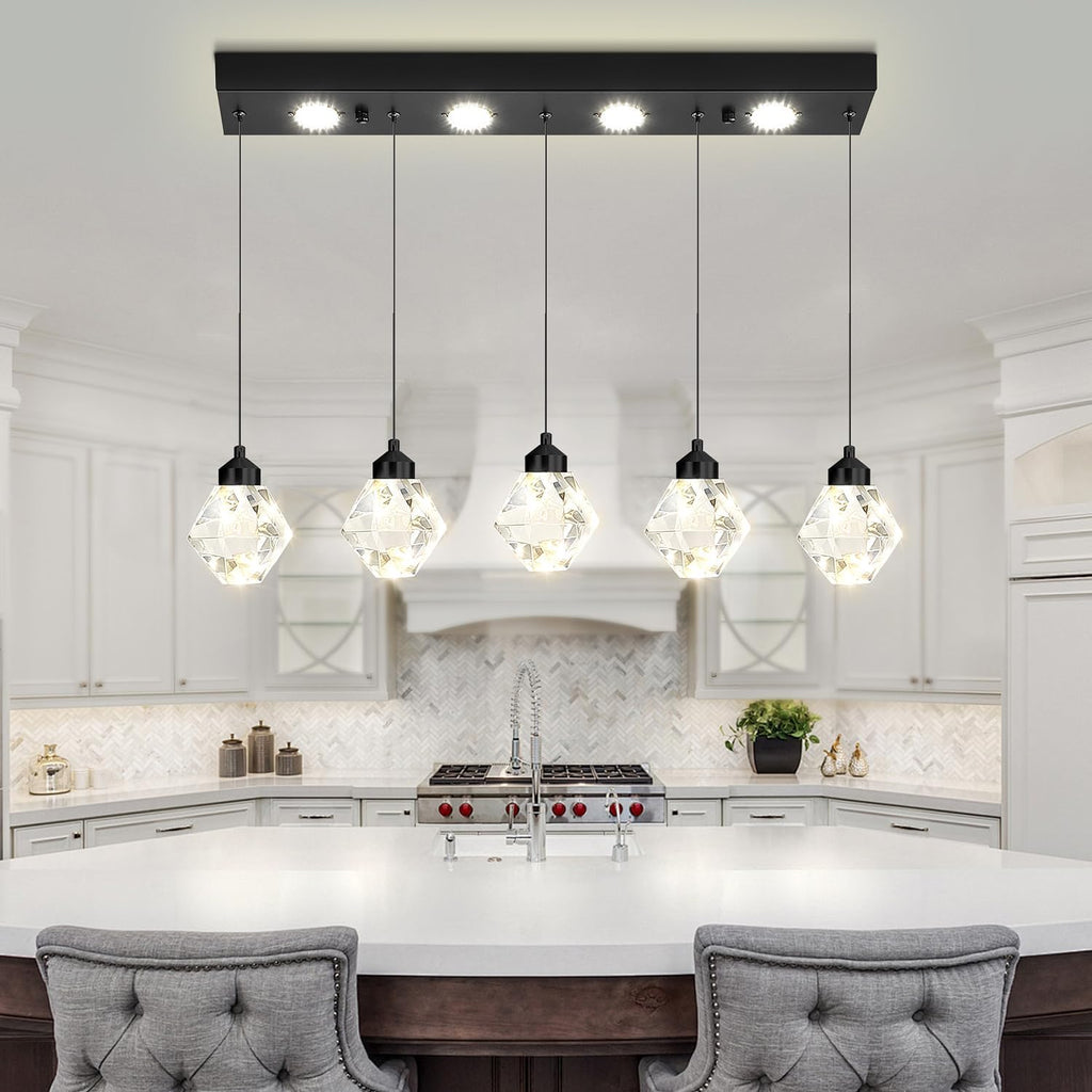 5-Lights Rectangular Pendant Light LED Dimmable Linear Crystal Chandelier Modern Rectangular Chandeliers for Dining Room Bedroom Black Hanging Light