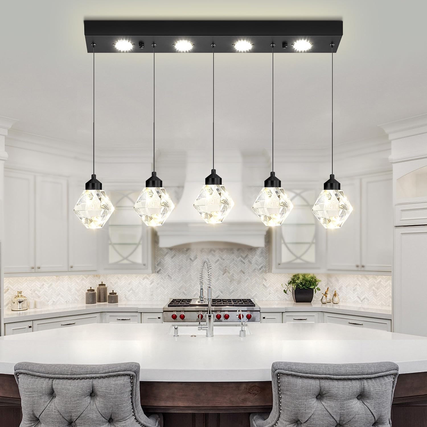 5-Lights Rectangular Pendant Light LED Dimmable Linear Crystal Chandelier Modern Rectangular Chandeliers for Dining Room Bedroom Black Hanging Light