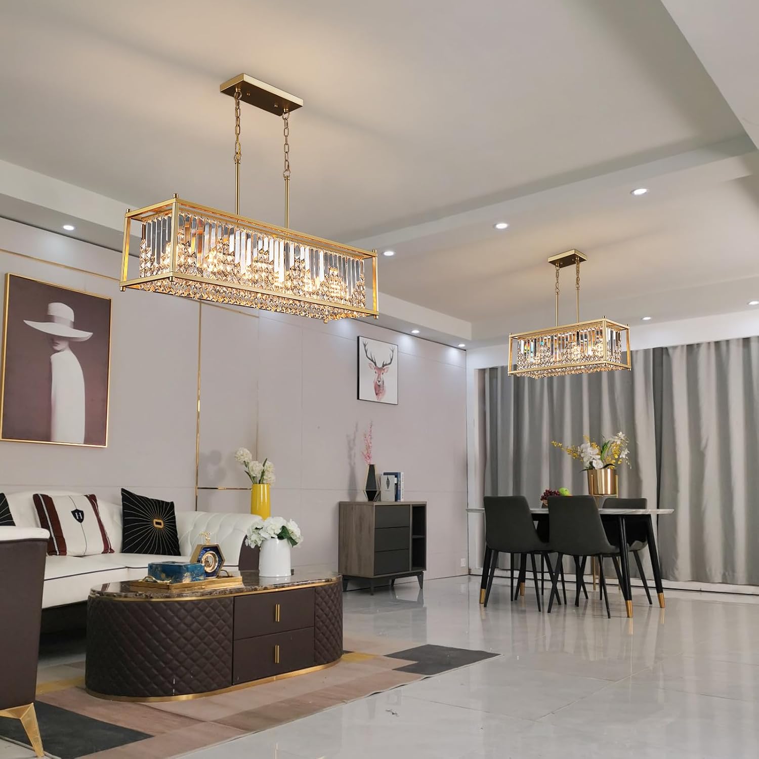 Q&S Modern Crystal Chandelier,Gold Rectangular Chandelier 6-Light,Luxury K9 Crystal Pendant Light for Dining Room Kitchen Island Bar Pool Table Hotel Office UL Listed
