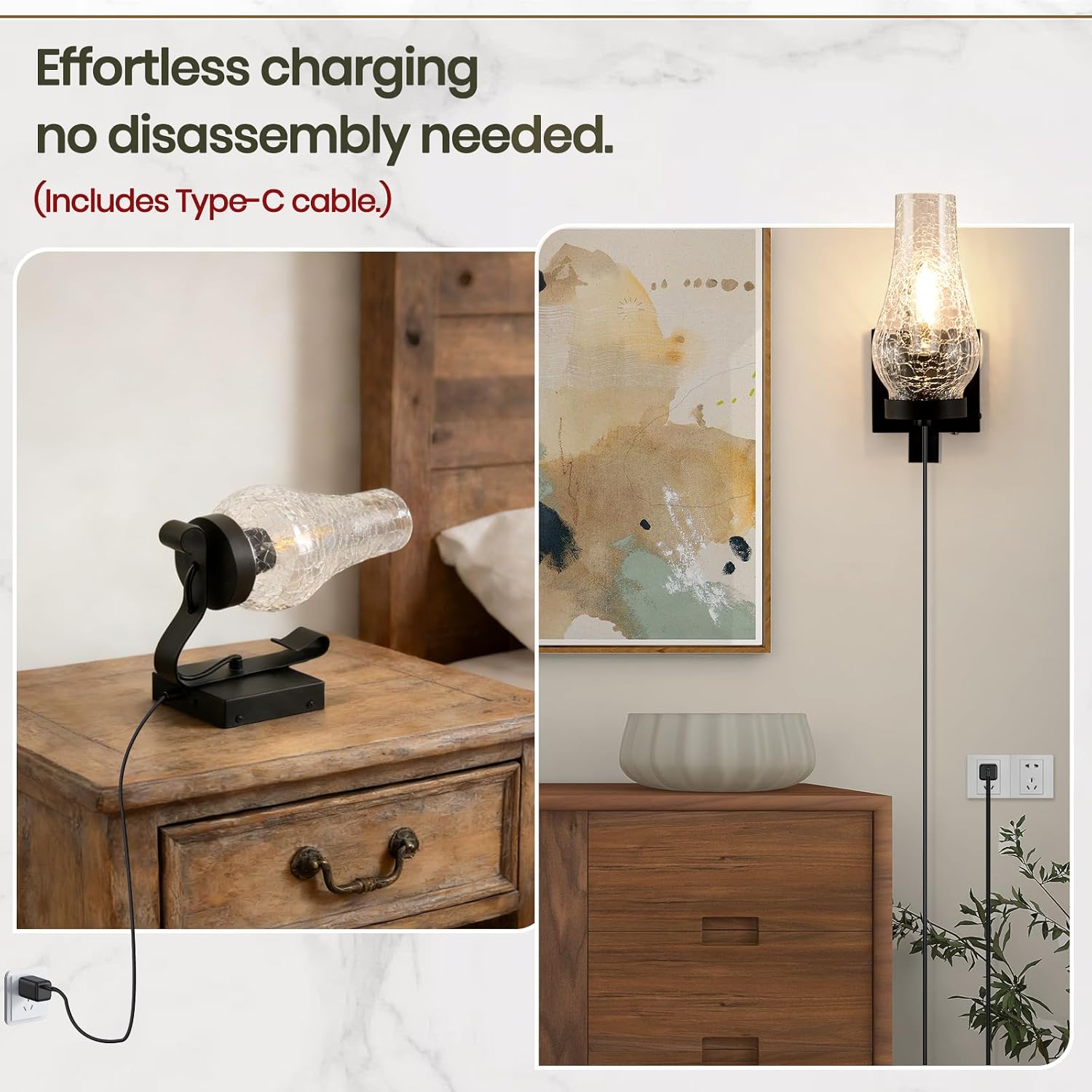 Battery Operated Wall Sconces, Ice Crackle Glass Lampshade Rustic Wall Lights, Non-Hardwired Antique Kerosene Wall Lamps, Vintage Bedside Black Wall Sconces Sets of 2 for Bedroom, Hallway etc