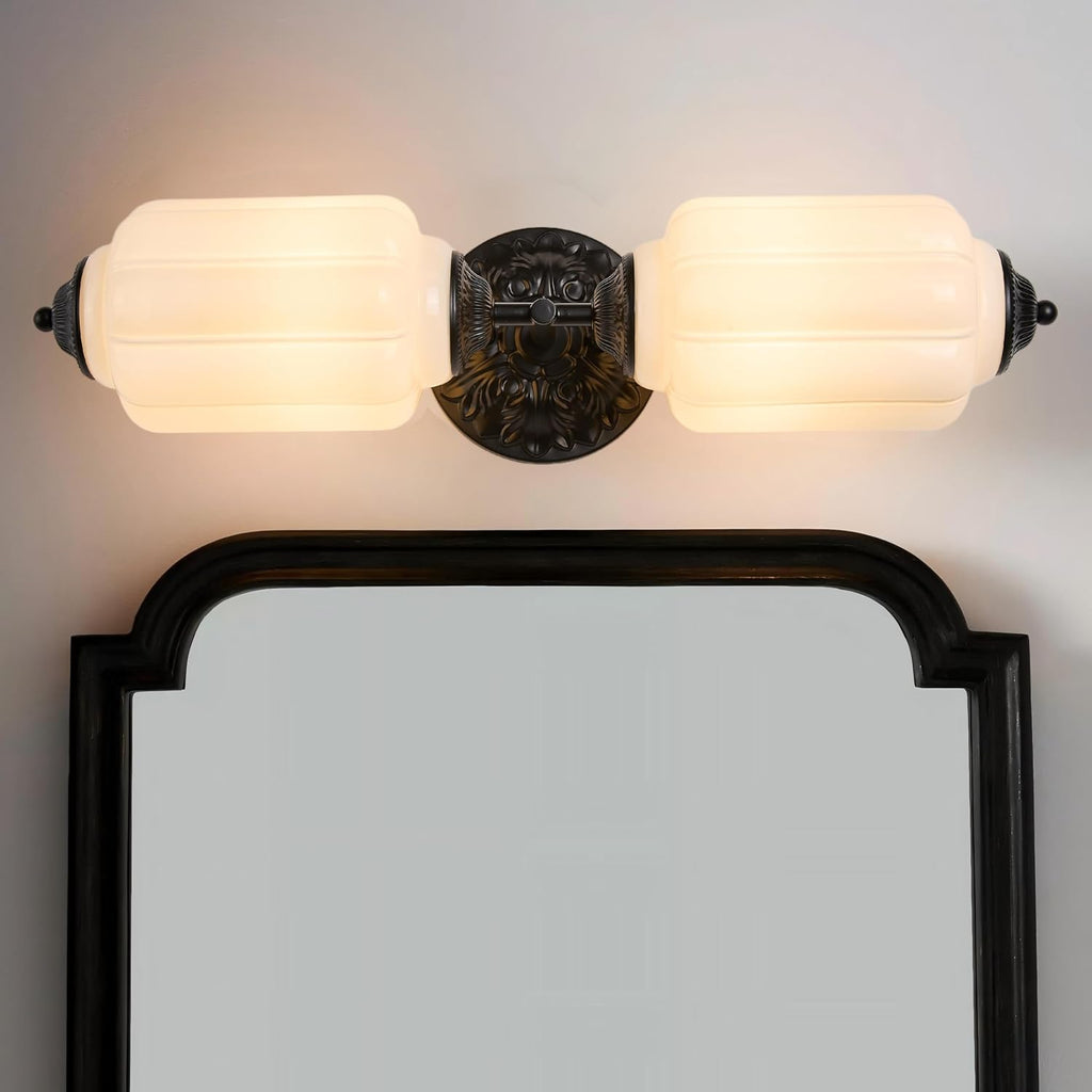 Vintage Milk Glass Vanity Light Fixture Over Mirror, 2-Light Wall Sconce with Black Metal, Vanity Lighting for Bathroom, Living Room, Bedroom