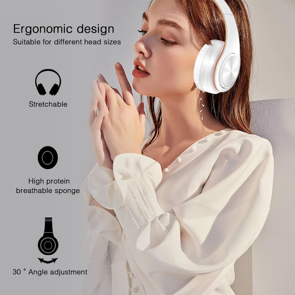 Bluetooth Headphones, Chat- Comfortable Over Ear Stereo Headphsets with Mic, Soft Earmuffs/Foldable/SD/TF, 20H Playtime, Great for Music/OFC/Tour/Gym/Game (10pcs Gold Colors)
