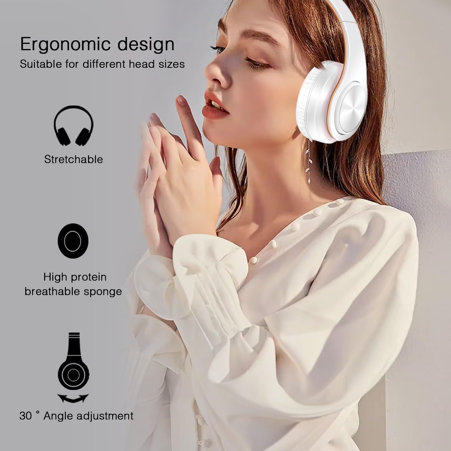 Bluetooth Headphones, Chat- Comfortable Over Ear Stereo Headphsets with Mic, Soft Earmuffs/Foldable/SD/TF, 20H Playtime, Great for Music/OFC/Tour/Gym/Game (10pcs Gold Colors)
