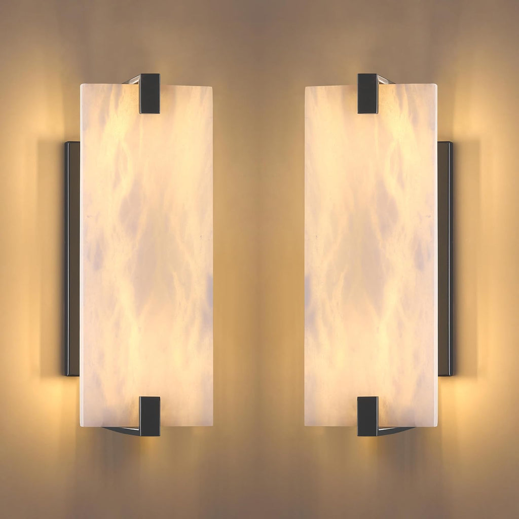 2 Pack 2 Light Square 12.75' Alabaster Marble Bathroom Wall Sconce Modern Concise Style Wall Light Fixture,Dark Gray Finish for Bedroom Hallway Bedside