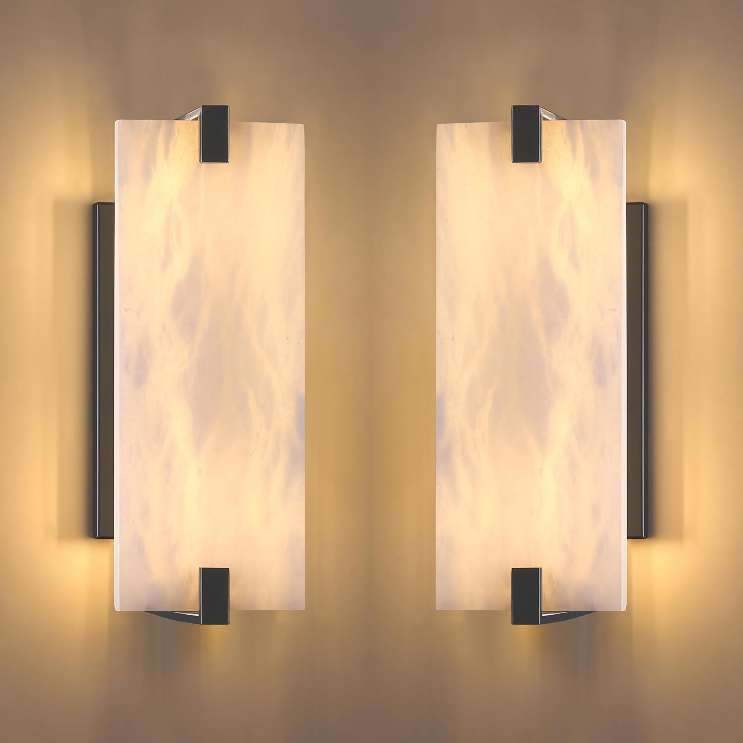 2 Pack 2 Light Square 12.75' Alabaster Marble Bathroom Wall Sconce Modern Concise Style Wall Light Fixture,Dark Gray Finish for Bedroom Hallway Bedside