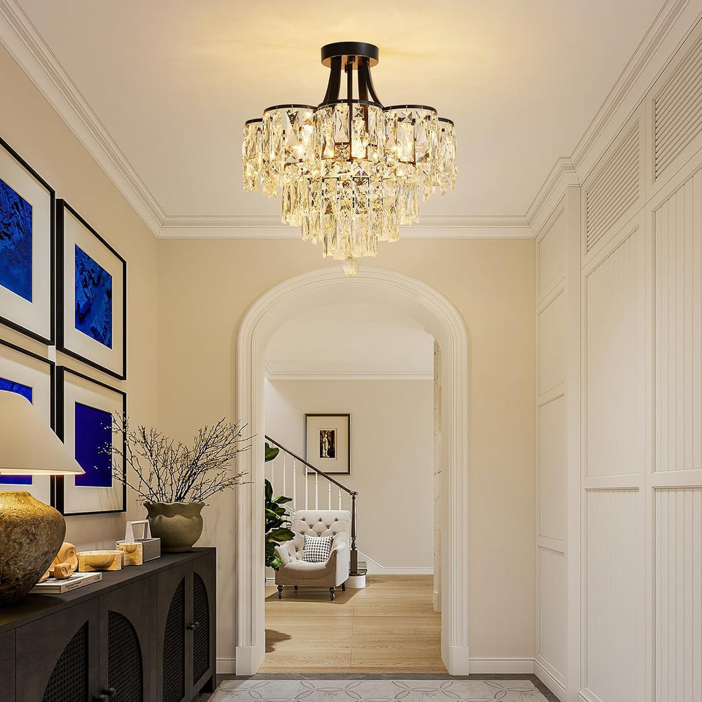 WUZUPS Crystal Chandelier Semi-Flushmount Ceiling Light Modern Lighting Fixture for Bedroom Hallway Entry Kitchen Bathroom, H 19.3' x W 18.3', E12 Base, Black