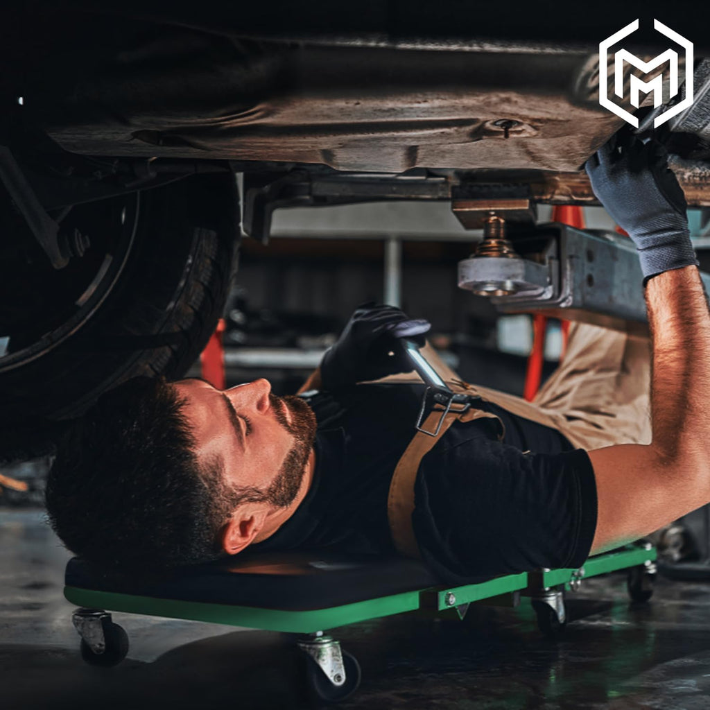 M-AUTO Heavy-Duty Convertible Mechanic Creeper, 48' Padded Adjustable Headrest Roller Garage Chair with 7 Swivel Casters for Washing, Detailing, Maintenance, Green