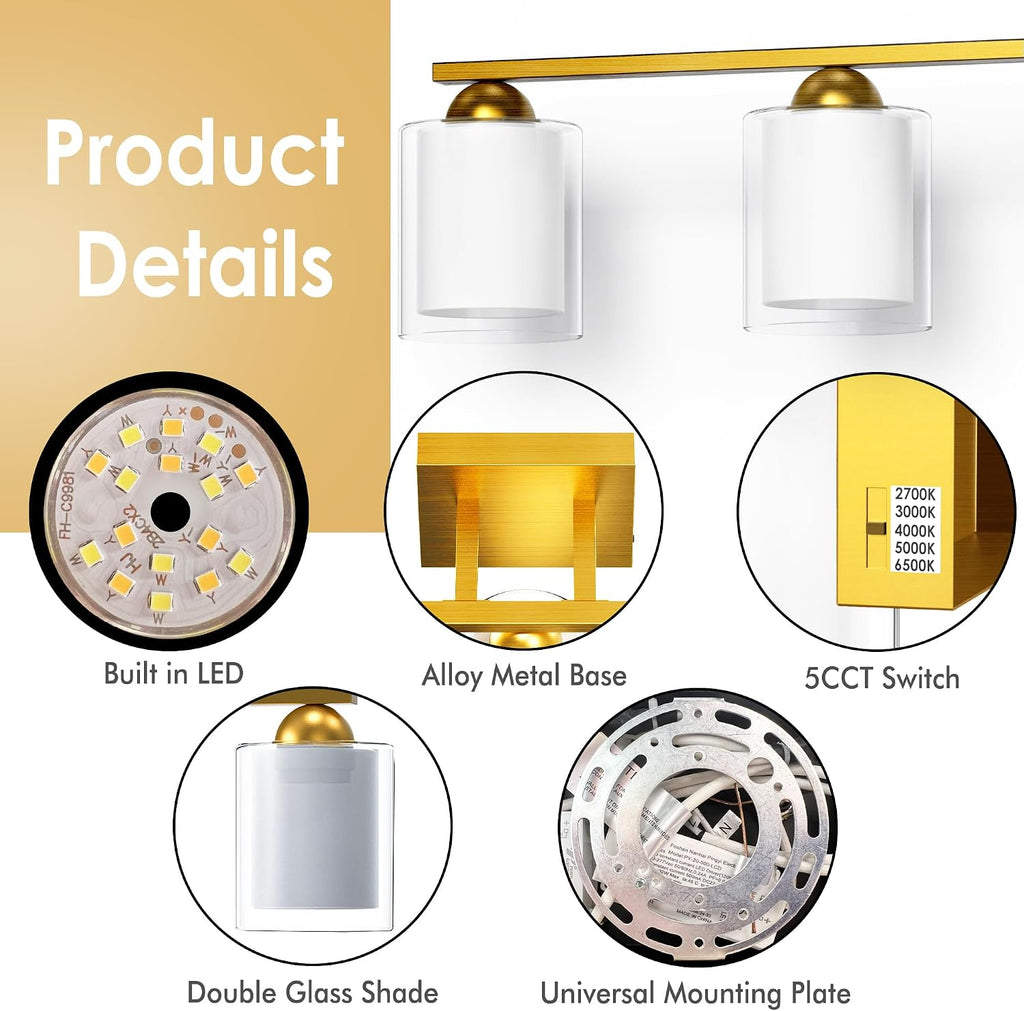 Quntis Gold Bathroom Light Fixtures, 5 Light Modern Vanity Lights Over Mirror, 5 Colors & Stepless Dimmable LED Bathroom Lighting with Milk White Frosted Glass, 33 Inch (Bulbs Included)