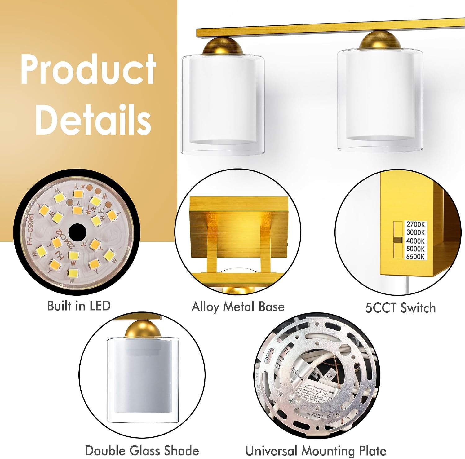 Quntis Gold Bathroom Light Fixtures, 5 Light Modern Vanity Lights Over Mirror, 5 Colors & Stepless Dimmable LED Bathroom Lighting with Milk White Frosted Glass, 33 Inch (Bulbs Included)
