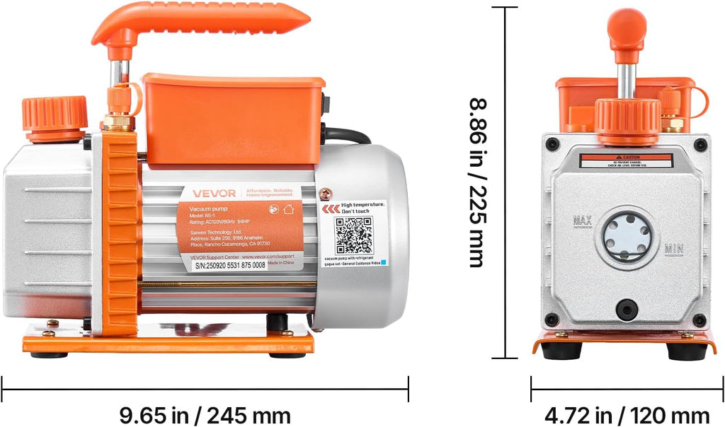 VEVOR AC Vacuum Pump and Gauge Set, 3.5 CFM 1/4 HP, Single Stage Rotary Vane HVAC Vacuum Pump, A/C Manifold Gauge Kit, for R134a R22 R410a R1234YF R32, with Carry Bag, for Auto HVAC Air Conditioning