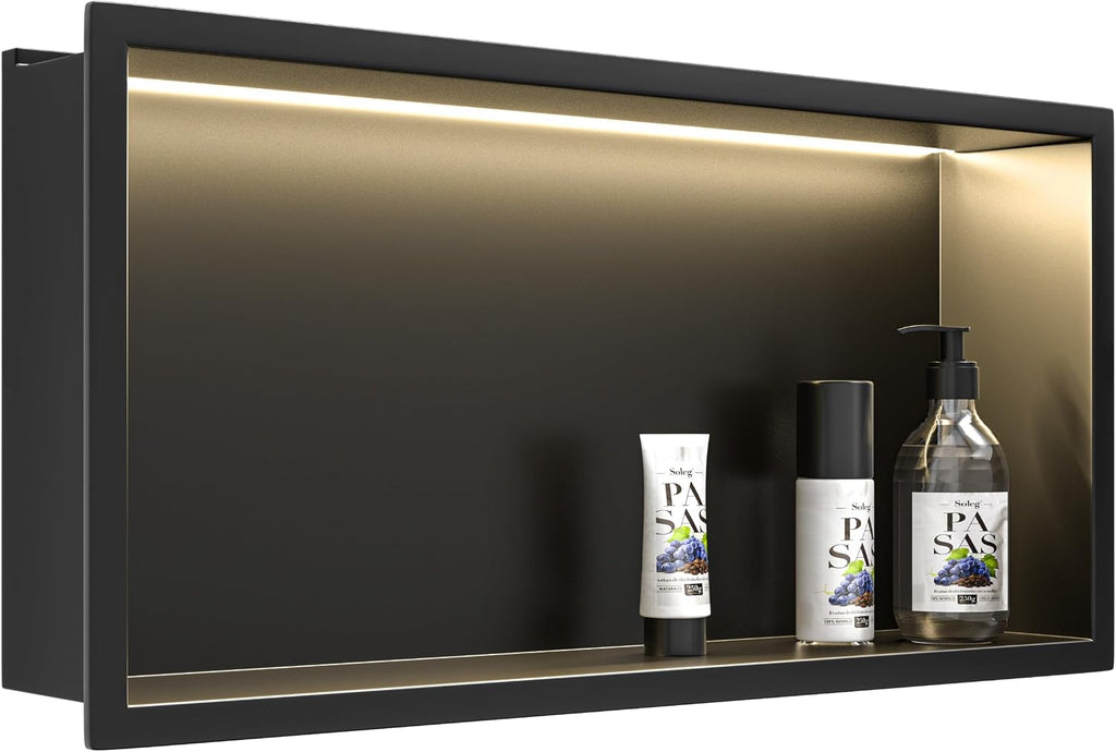 Stainless Steel Led Shower Niche Black 24' X 12' No Tile Needed | Recessed shower niche,IP66 waterproof,Led driver included,horizontal niche,non-dimmable,3000K warm light,bathroom storage