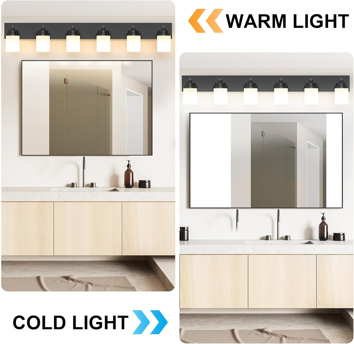 IZORRO Bathroom Vanity Light Fixture, 6-Light 46 Inch Matte Black Bathroom Light Fixtures Over Mirror, with White Glass Shade, Modern Farmhouse Vanity Lights, Rustic Restroom Lighting Fixtures