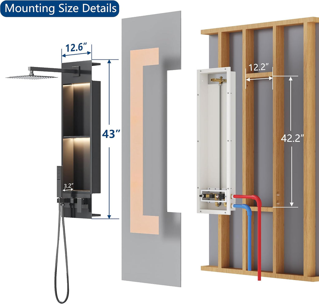 Qeke Integrated Shower Niche with Shower Head and Hand Shower, Stainless Steel Shower Tower System with Led Lights, 2-Tiers No Tile Needed Shower Niche for Bathroom in Gunmetal Black (Golden Shower)