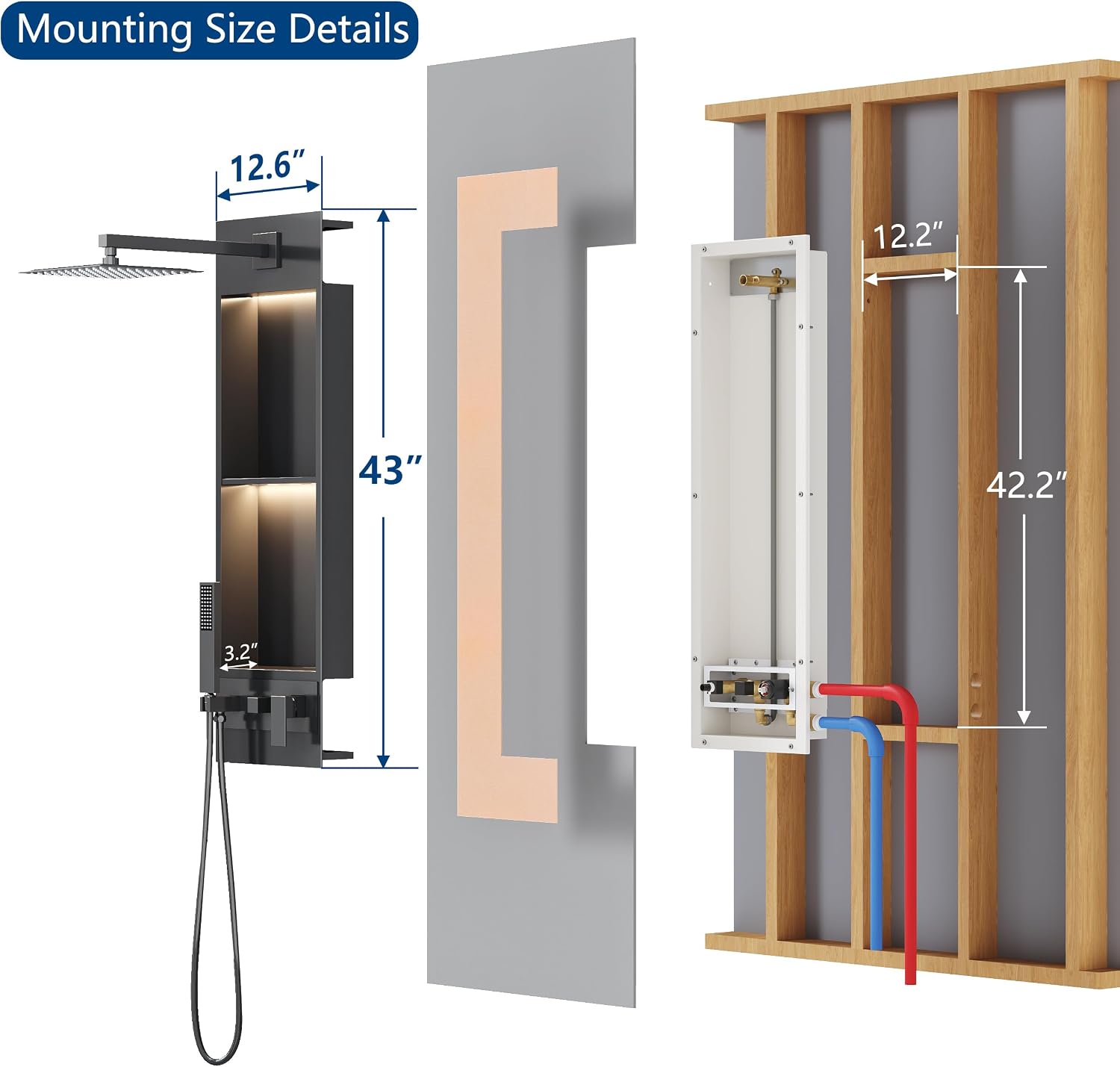 Qeke Integrated Shower Niche with Shower Head and Hand Shower, Stainless Steel Shower Tower System with Led Lights, 2-Tiers No Tile Needed Shower Niche for Bathroom in Gunmetal Black (Golden Shower)