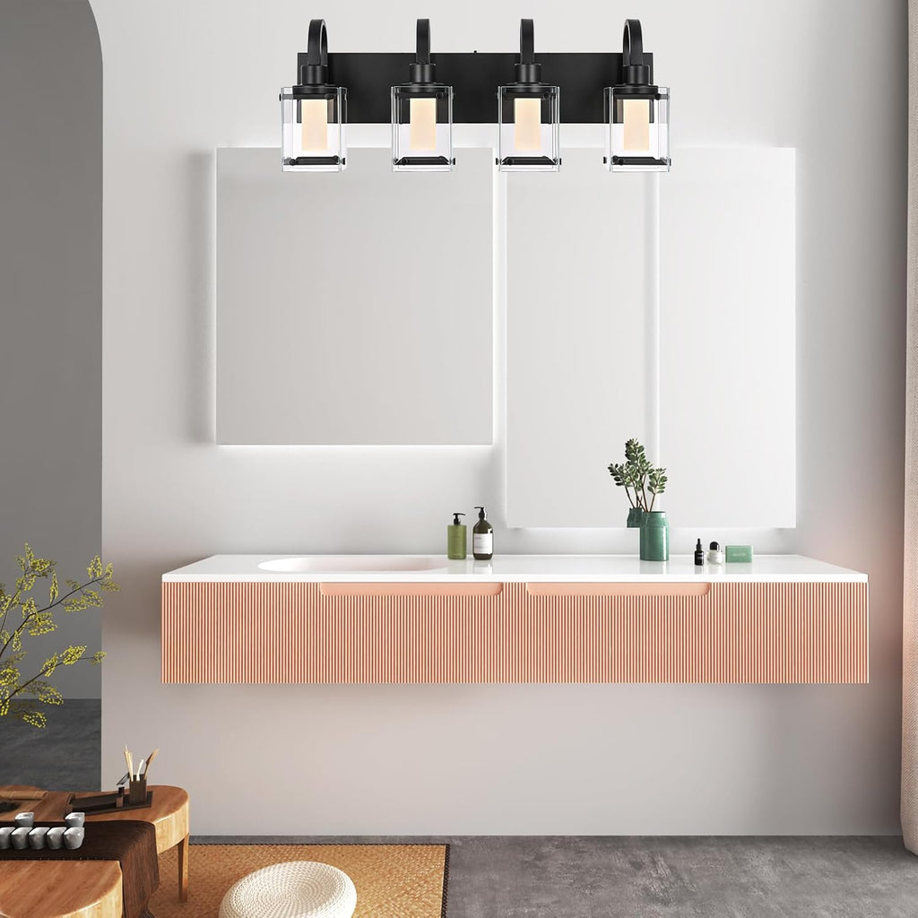 LED Modern Bathroom Vanity Lights, 4 Lights Black Bathroom Light Fixtures for Dressing Room, Integrated LED Chips, Frosted Column with Clear Square Glass Shade, Energy Saving Wall Sconce