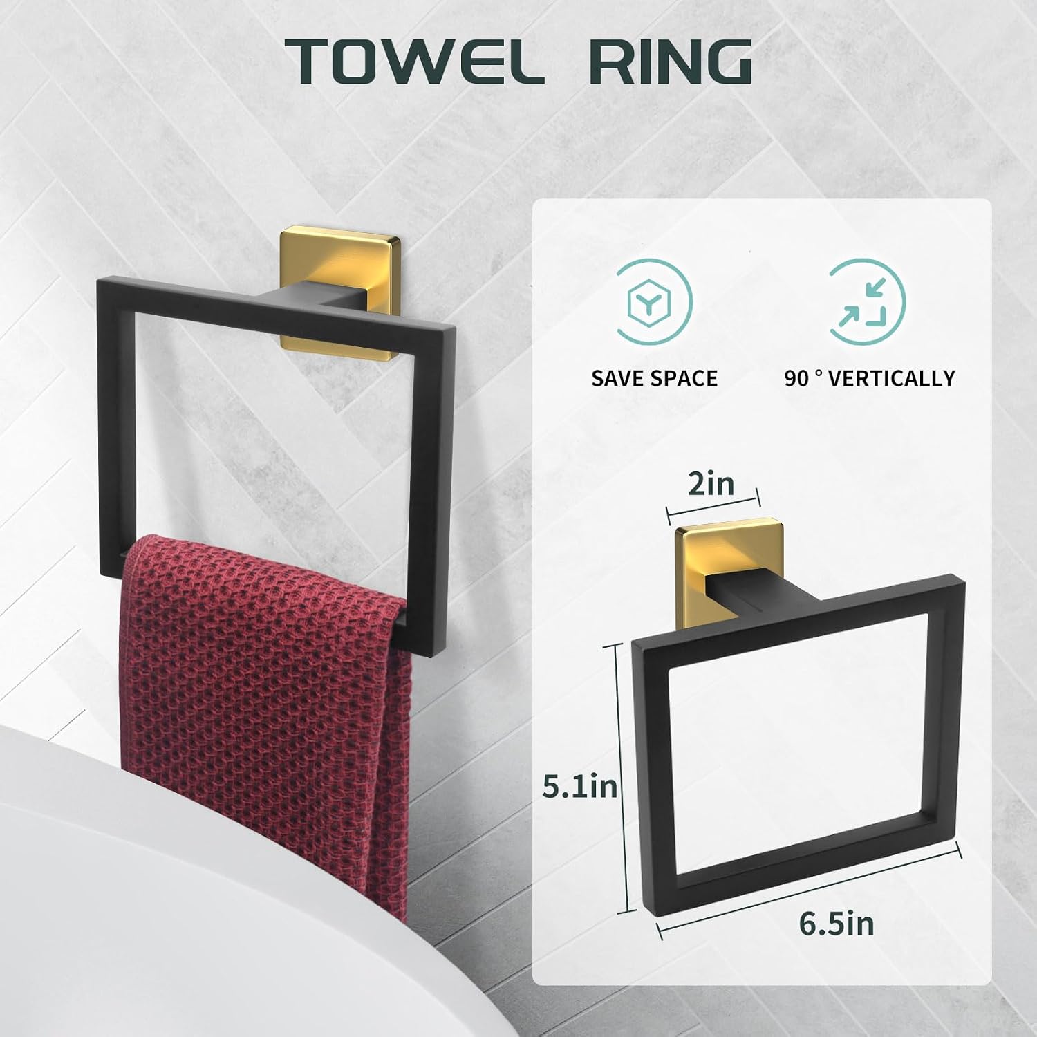 12 Piece Bathroom Hardware Set Black and Gold Square Bathroom Accessories - 2×23 Inch Towel bar, 1×16In Towel bar, 2 × Toilet Paper Holder(1 with Shelf), 2 × Hand Towel Rack and 5 × Towel Hook