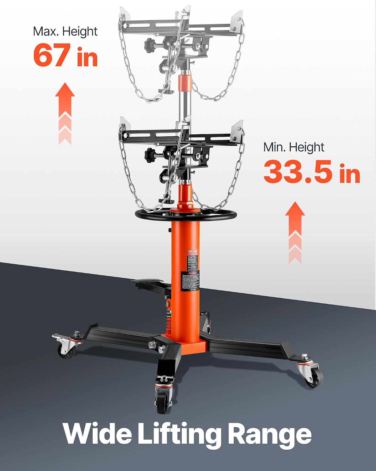 VEVOR Transmission Jack,1/2Ton/1100lbs Capacity Hydraulic Telescopic Transmission Jack, 2-Stage with Foot Pedal, 360° Swivel Wheel, Garage/Shop Lift Hoist, Orange