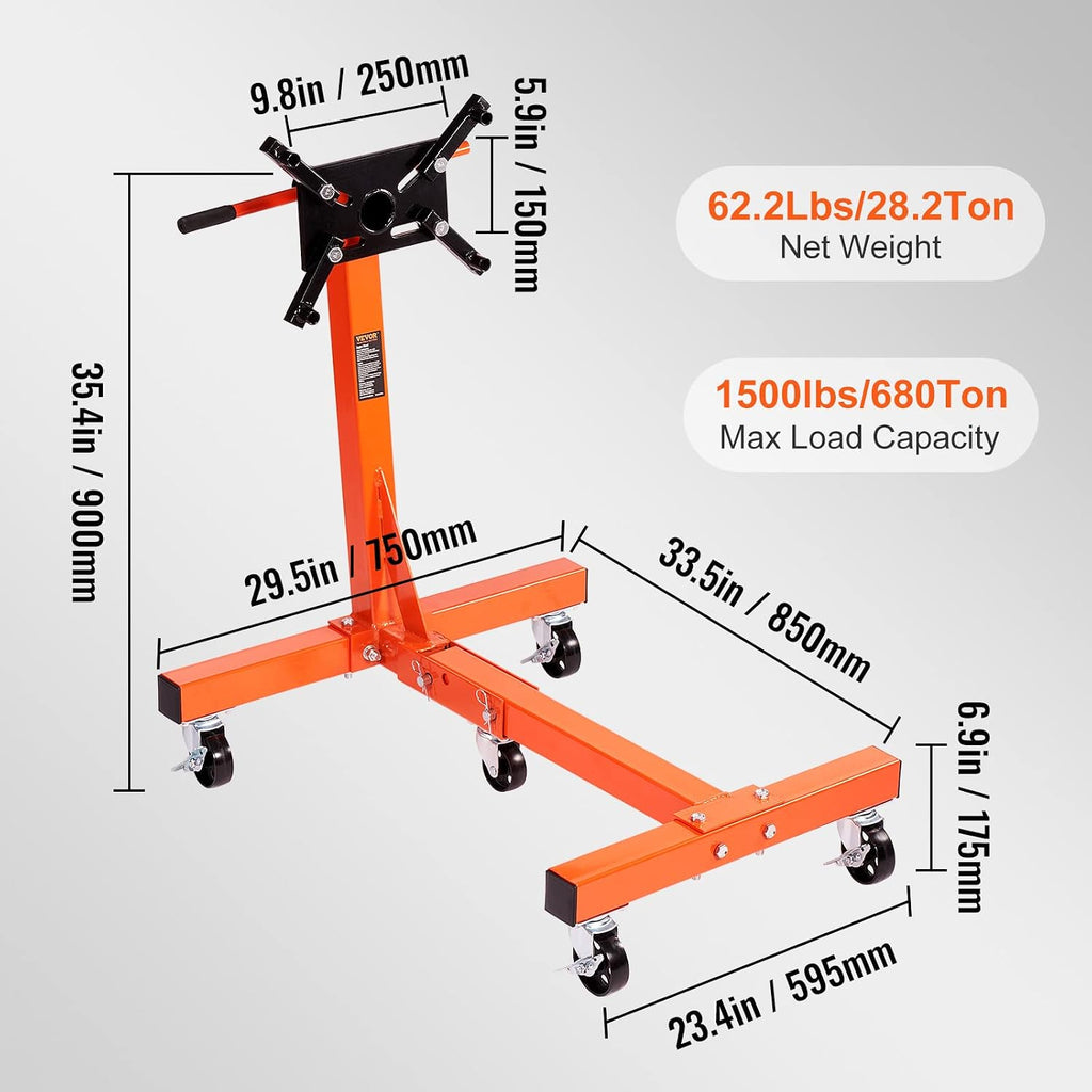 VEVOR Engine Stand, 3/4 Ton (1500 LBS) Capacity Engine Motor Stand, with 360-Degree Rotating Head, Heavy-Duty Steel Engine Lift Stand with 5-Casters, 4 Adjustable Arms, Orange