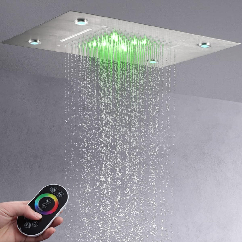 14X20 Inch LED Ceiling Rain Shower Head Rectangle Embedded Type With LED Lights Remote Control (Waterfall And Rain Shower Head, Brushed Nickel)