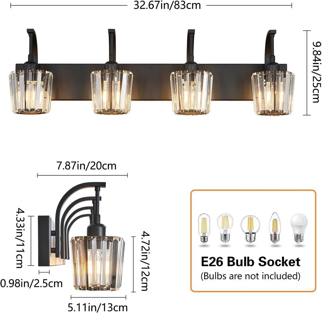 Modern Bathroom Vanity Light, 4-Light Black Wall Sconce with Crystal Accents, Over Mirror Bathroom Lighting Fixture, 32.67' Long Dimmable Vanity Lamp for Makeup, Easy Installation
