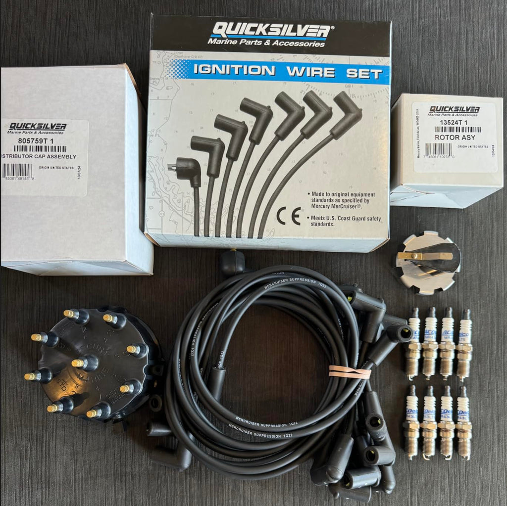 OEM V8 Mercruiser Thunderbolt IV V Ignition Tune up kit Wires Distributor Cap/Rotor Spark Plugs 5.0 5.7 7.4 8.2 350 454 Midnight Marine Service ((1997+) v8 Thunderbolt V Long Tread Spark Plugs)