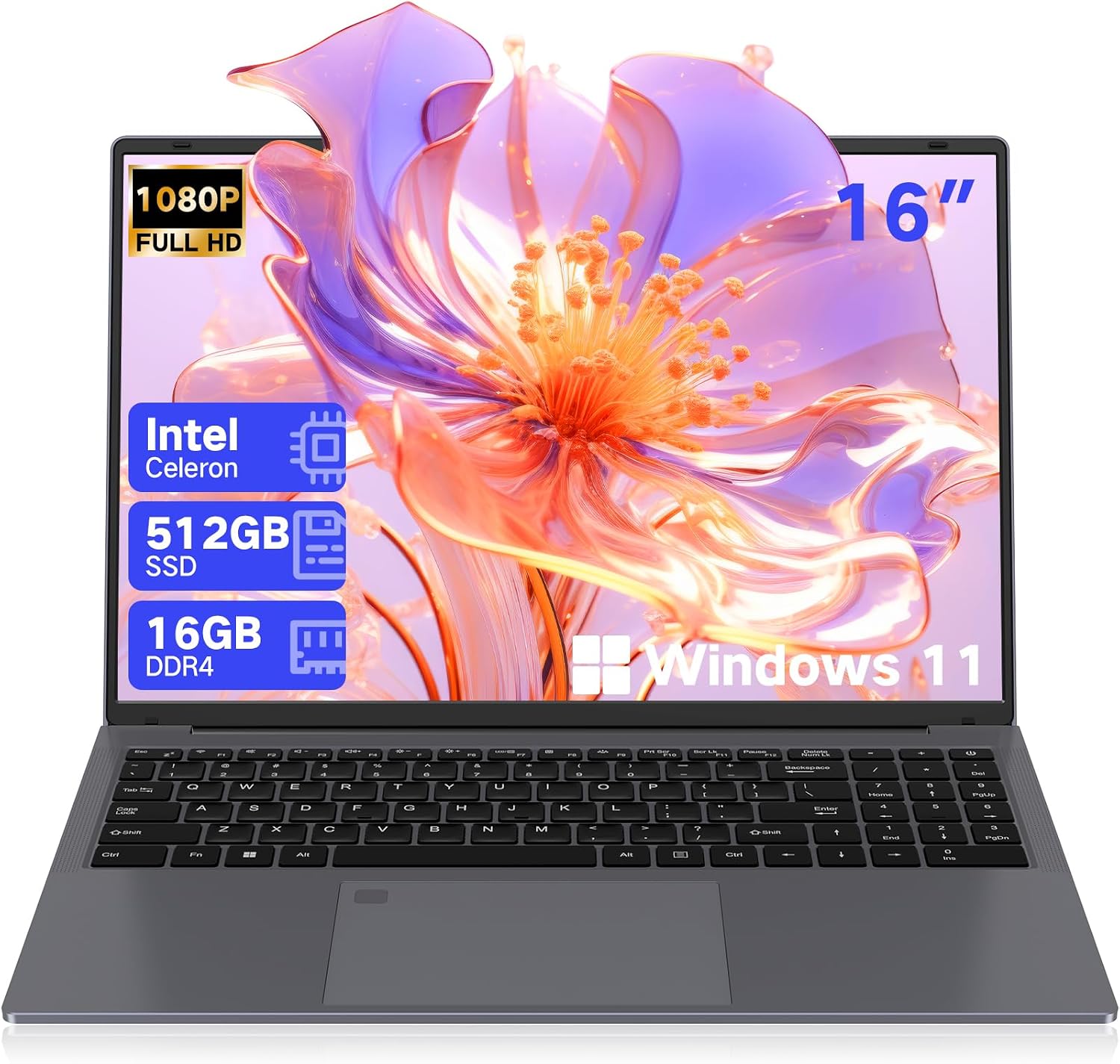 DERE Laptop,16 inch Laptop Comupter,Win11 | 16GB RAM 512GB SSD | Celeron N5805 | 2.5K QHD IPS Display|Fingerprint Unlock|Backlit Keyboard|WiFi 6|HDMI for Study,Business,Working,Sliver Gray