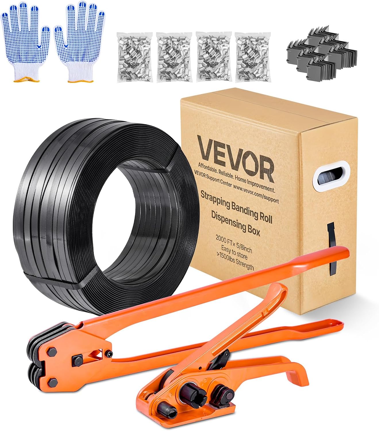 VEVOR Banding Strapping Kit, Heavy Duty Banding Sealer Tool with 2000 ft PET Band, 600 Metal Seals, 200 Corner Protectors, Plastic Pallet Packaging Strapping Kit for Warehouse, Transportation, Home