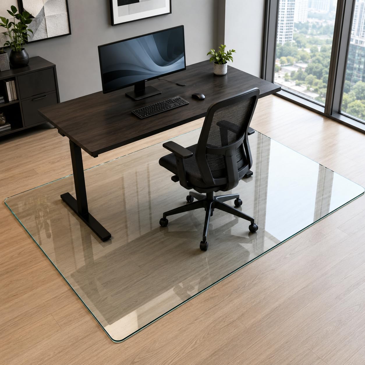 Tempered Glass Chair Mat 60' x 48' - 1/5' Thick, Heavy Duty, Anti-Slip Pads, for Office Chairs on Carpet or Hard Floorr with 4 Anti-Slip Pads, Rolling Glass Chair Mat