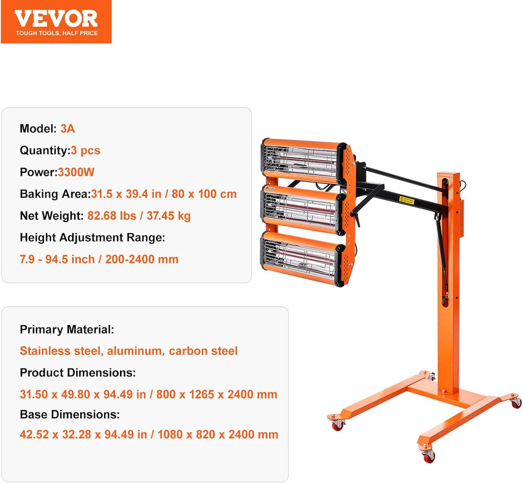 VEVOR Infrared Drying Lamp, 3300W with 1-60 min Timer, Automatic Heat for Automotive Repairs, Includes Stand, Covers 8.61 sq.ft, Ideal for Spray Booth Heating, Quick Paint Drying, Engine Warm-Up 110V