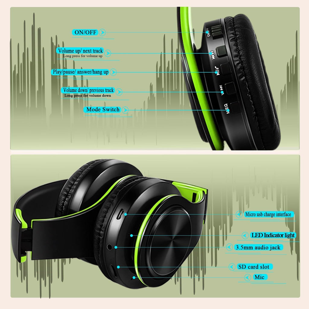 Bluetooth Headphones, Chat- Comfortable Over Ear Stereo Headphsets with Mic, Soft Earmuffs/Foldable/SD/TF, 20H Playtime, Great for Music/OFC/Tour/Gym/Game (20pcs Green Colors)