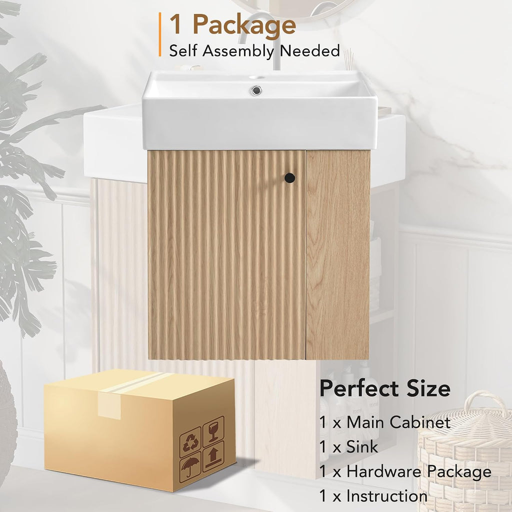 21.6-inch Bathroom Vanity with Sink Combo, Wall-Mounted Single Storage Cabinet with One Cabinet & Right 2-Tier Shelves, Wooden Vanity with Ceramic Basin for Bathroom, Wood