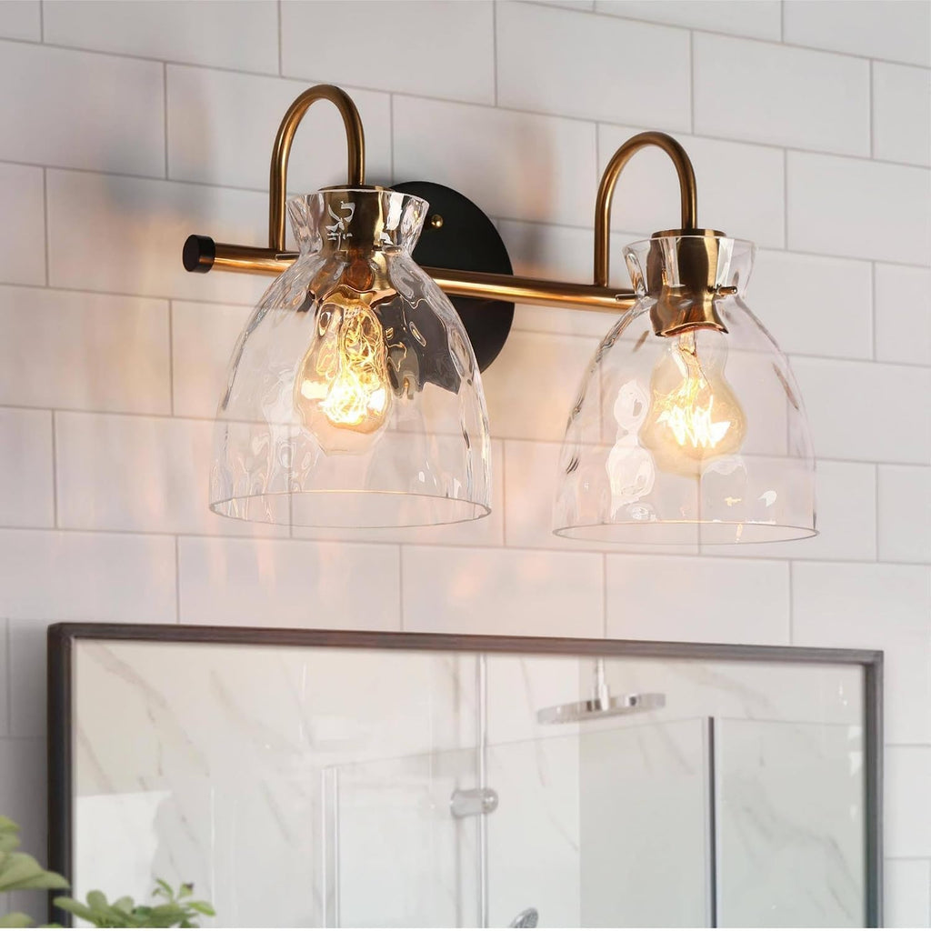 KSANA Modern Bathroom Vanity Lights, 2 Light Vanity Light Fixtures for Bathroom Black and Electroplated Brass Finish Mid-Century Wall Lamps with Water Ripple Glass