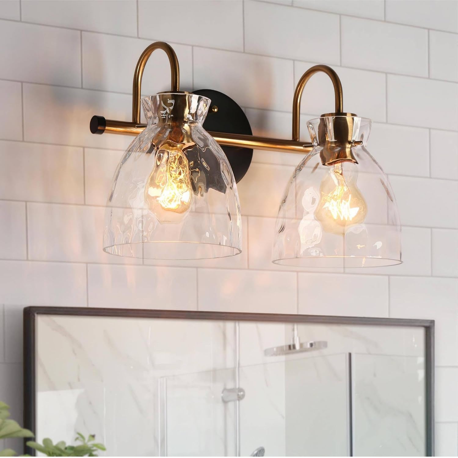 KSANA Modern Bathroom Vanity Lights, 2 Light Vanity Light Fixtures for Bathroom Black and Electroplated Brass Finish Mid-Century Wall Lamps with Water Ripple Glass