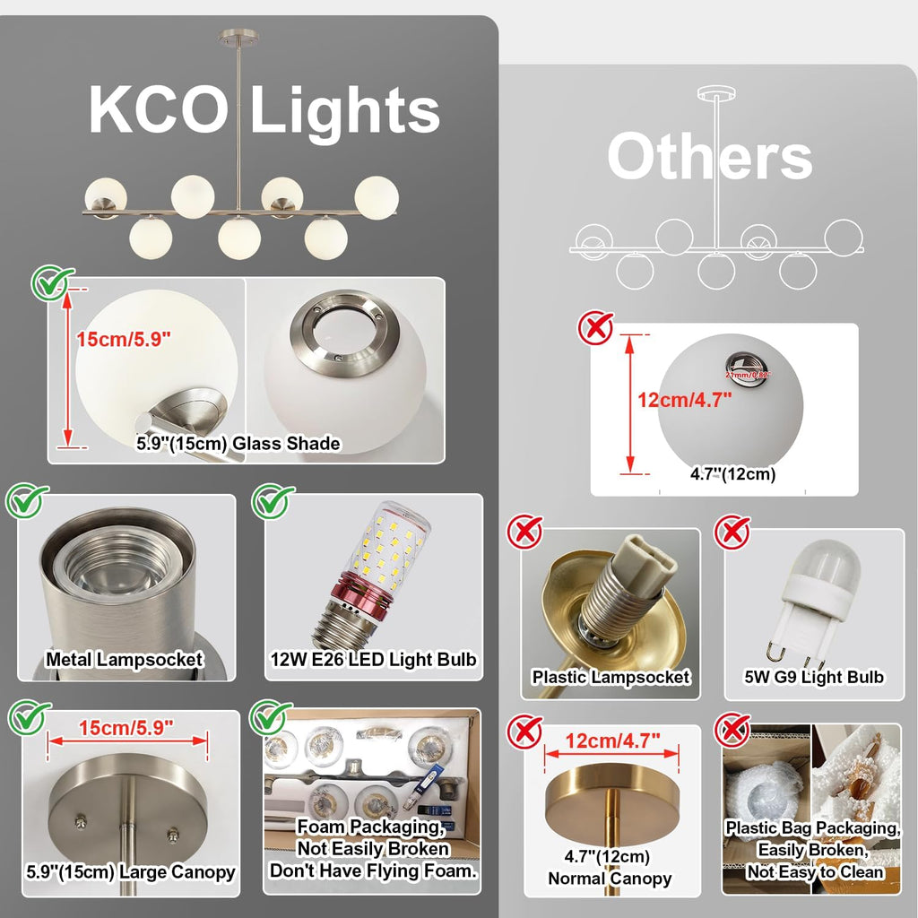 KCO Lighting 7-Light Linear Sputnik Chandelier Brushed Nickel Pendant Light | 31.5' Rod for Sloped Ceiling, 12W 3000K E26 Bulb Included, MCM White Milk Glass Light Fixture for Kitchen Island Dining Room