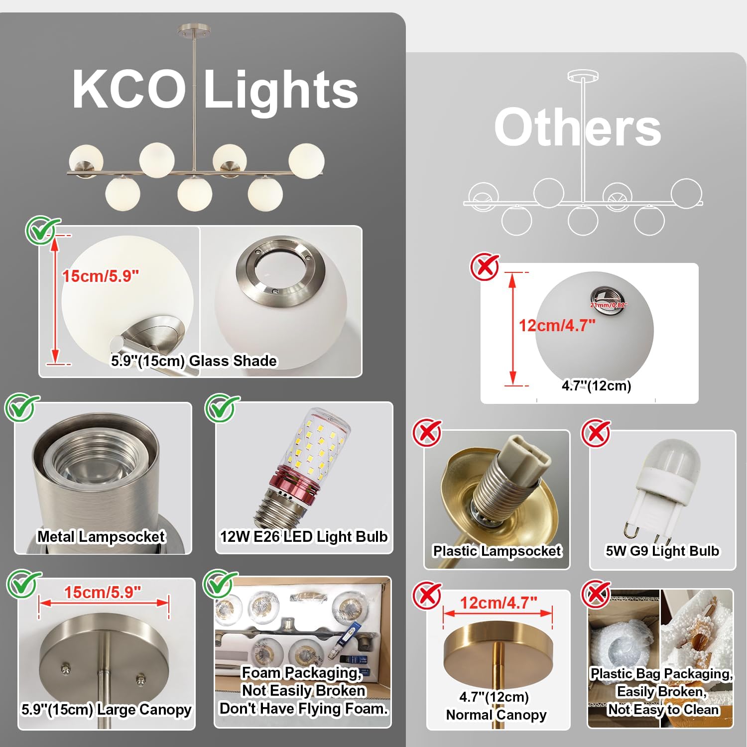KCO Lighting 7-Light Linear Sputnik Chandelier Brushed Nickel Pendant Light | 31.5' Rod for Sloped Ceiling, 12W 3000K E26 Bulb Included, MCM White Milk Glass Light Fixture for Kitchen Island Dining Room