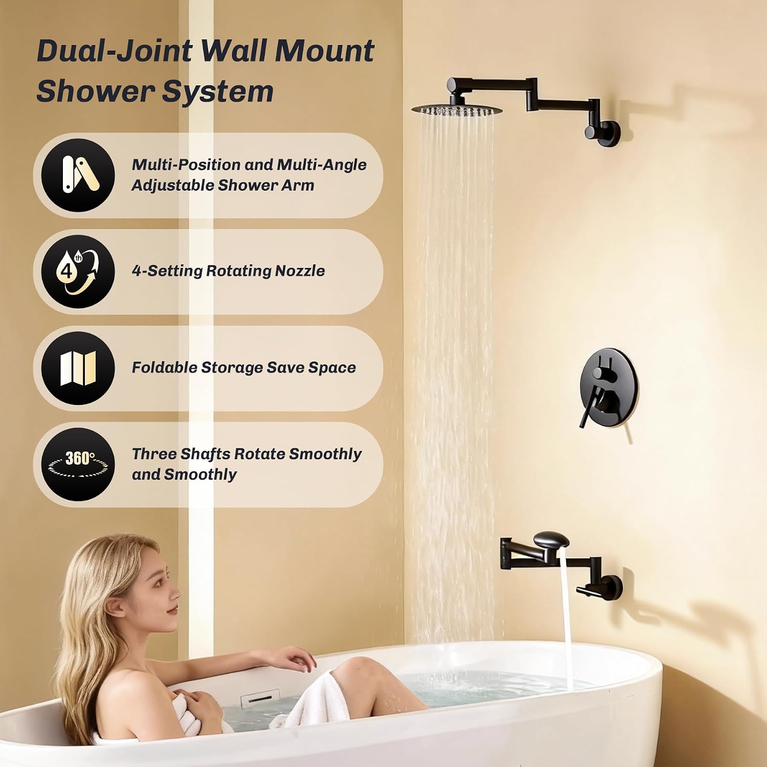 Black Tub Shower Faucet Set with Shower Valve and trim kit, Shower Head and Handle Set with 1080° Rotating shower Arm 8 Inch showerhead, 1080° Rotating Bathtub Spout with 4 Modes Tub Spout