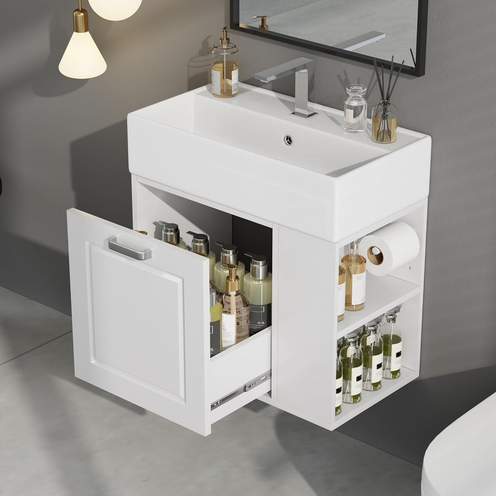 21.8-inch Bathroom Vanity with Sink, Wall-Mounted Single Storage Cabinet with One Big Drawer & Left Two-Tier Shelf, Solid Wood Vanity Organizer with Ceramic Sink for Bathroom, White