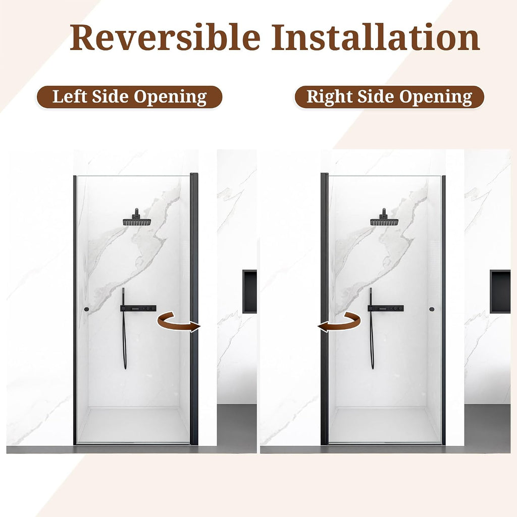29-30' W x 72' H Semi-Frameless Matte Black Shower Door, ANSI/SGCC Certified 6mm Clear Tempered Glass, Pivot Swing Bathroom Door with Reversible Installation, Waterproof for Small Space