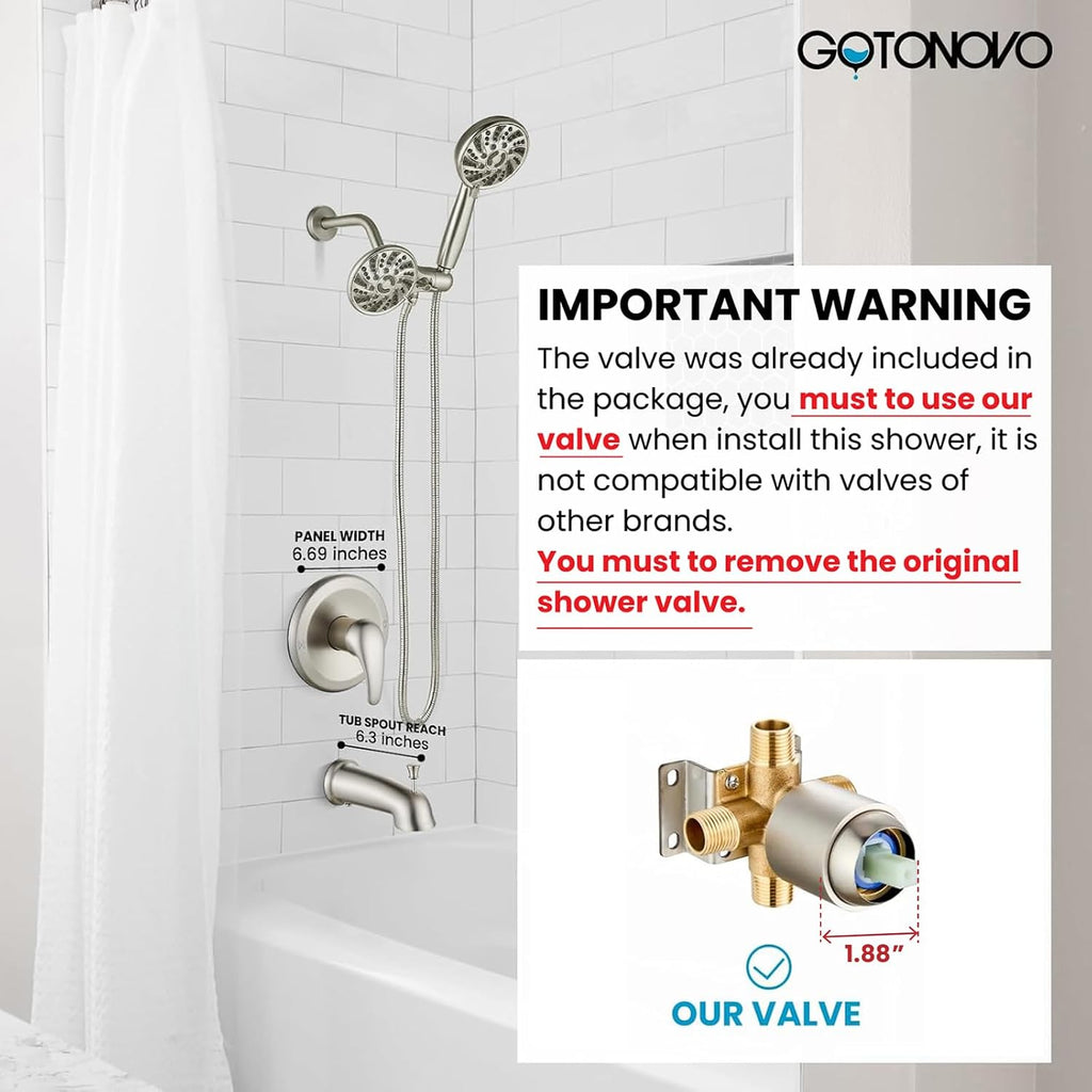 gotonovo Tub Shower Faucet Set Bathroom Shower Head Kit High Pressure Bathtub Shower Faucet 6 Modes ABS Handheld Spray Valve and Shower Trim Kit Shower Head and Handle Set Brushed Nickel