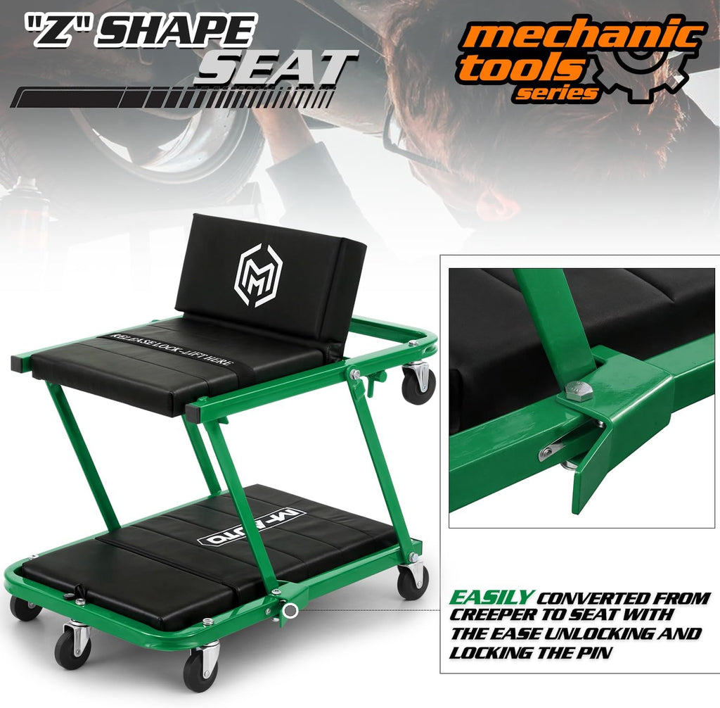 M-AUTO Heavy-Duty Convertible Mechanic Creeper, 48' Padded Adjustable Headrest Roller Garage Chair with 7 Swivel Casters for Washing, Detailing, Maintenance, Green