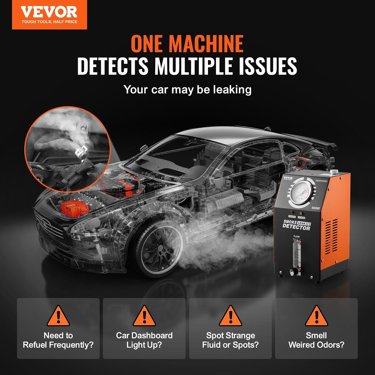 VEVOR Automotive Smoke Machine Leak Detector, DC 12V EVAP Vacuum Diagnostic Tester with Built-in Air Pump, Pressure Gauge & Flow Meter, 2-Mode Fuel Detector for Cars, Motorcycles, Trucks, Boats, ATVs