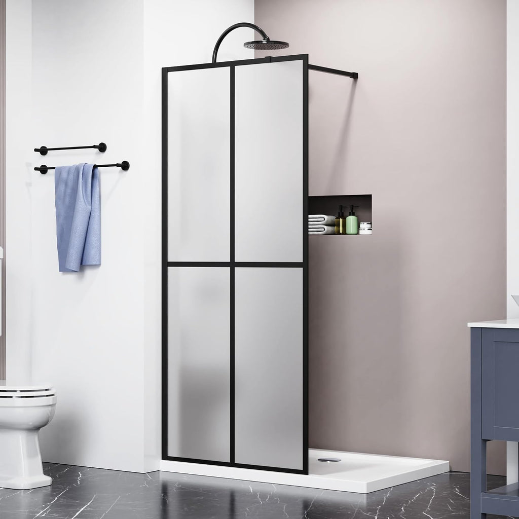 Goodyo Glass Shower Door 34' x 72' Frosted Tempered Glass Panel Fixed Shower Screen for Walk-in Bathroom Matte Black Frame