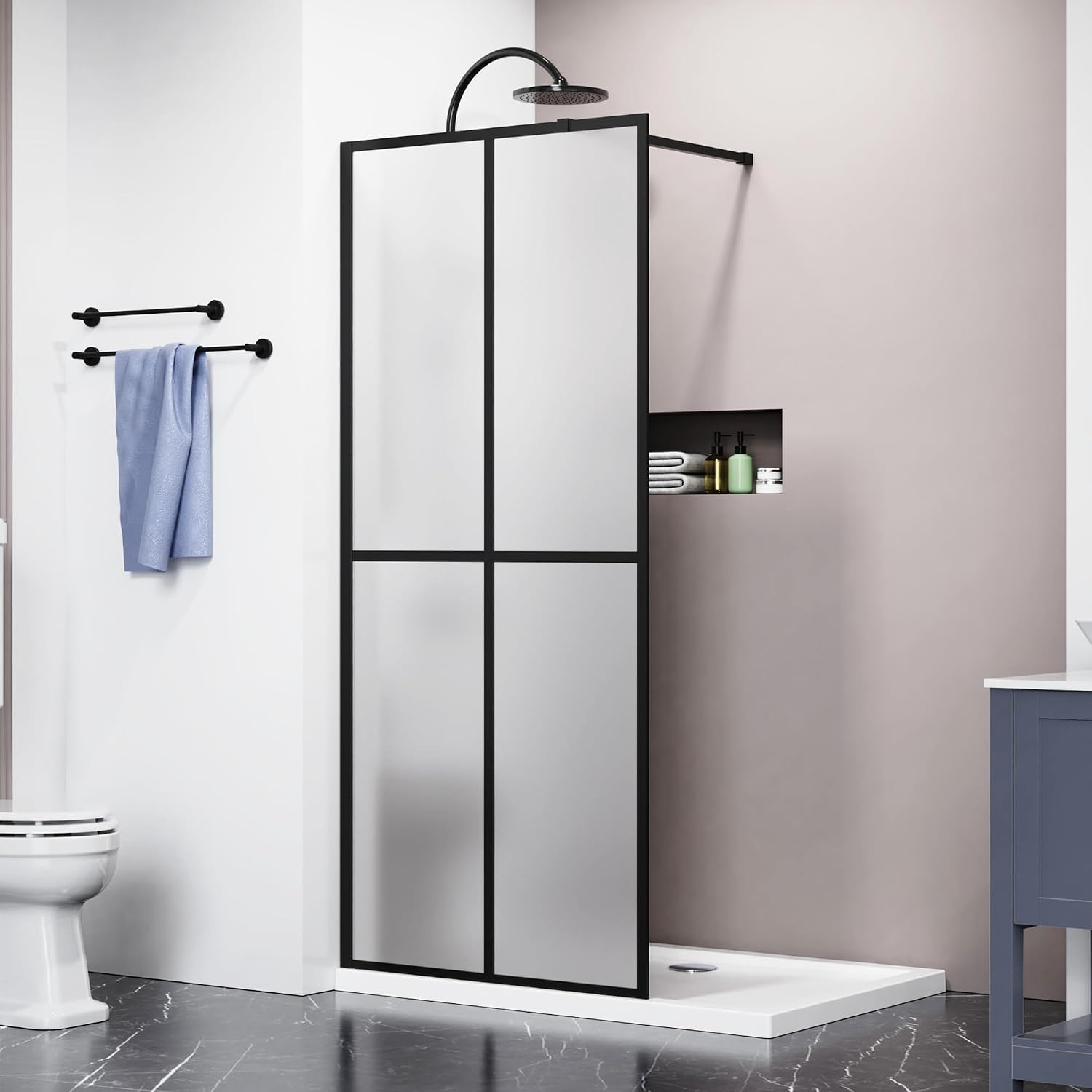 Goodyo Glass Shower Door 34' x 72' Frosted Tempered Glass Panel Fixed Shower Screen for Walk-in Bathroom Matte Black Frame