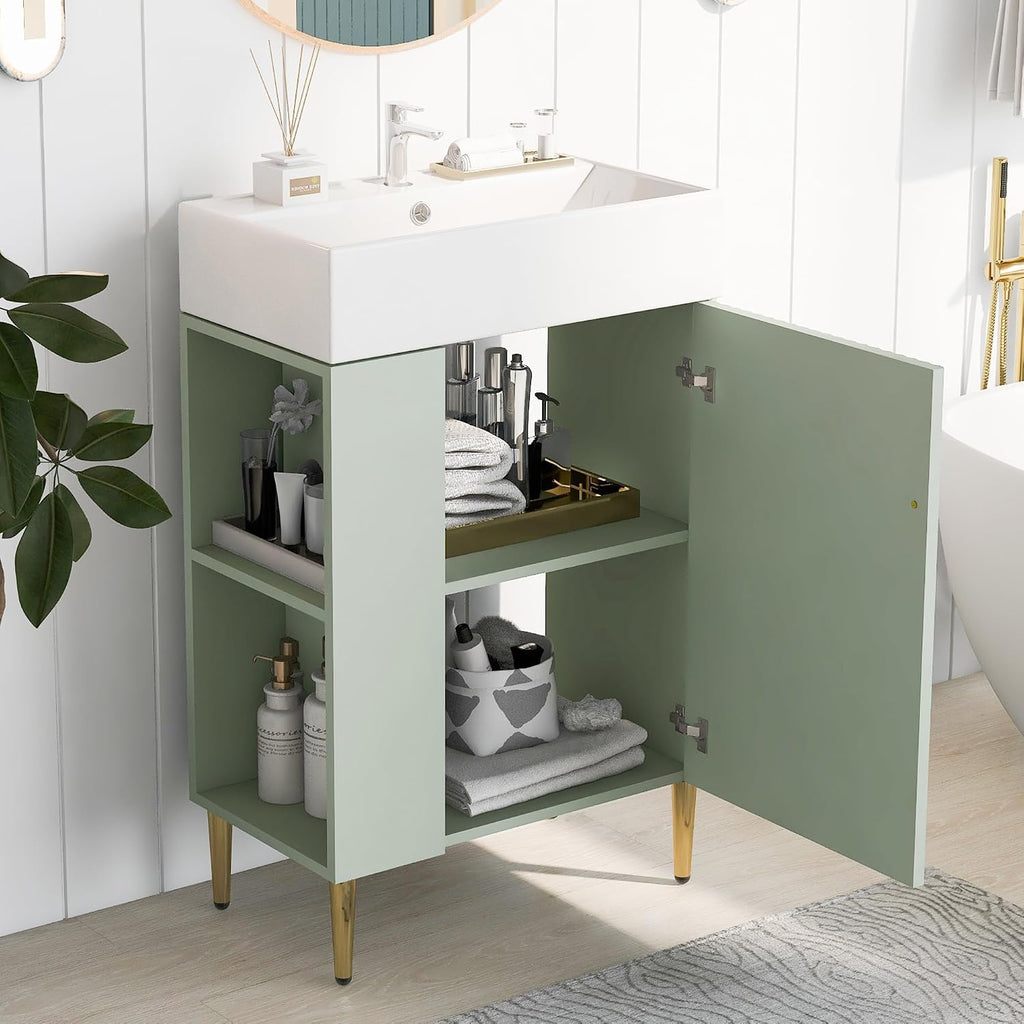 21.6-Inch Bathroom Vanity with Sink, Free Standing Vanity Cabinet with Storage Cabinet & Left Two-Tier Shelf, Solid Wood Bath Vanity Organizer with Ceramic Sink for Bathroom, Green