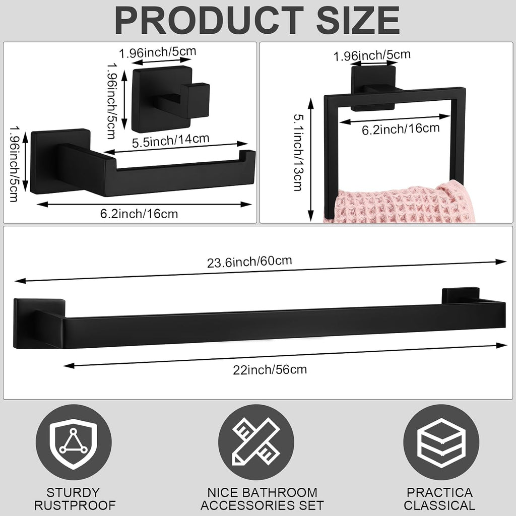 Gisafai 25 Pcs Black Bathroom Hardware Accessories Set 23.6 Inch Bath Towel Bar Kit Stainless Steel Bathroom Hardware Set Towel Racks Ring Robe Hooks Paper Holder for Wall Mounted
