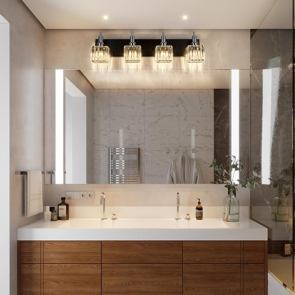 Black Chrome Bathroom Vanity Lights, Modern 4 Lights Crystal Bathroom Lighting Fixtures Over Mirror Crystal Wall Light with Square Shade